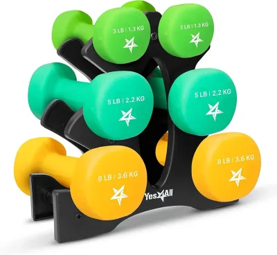 Neoprene Dumbbell Set – 3, 5 & 8 lb Pairs with Metal Rack