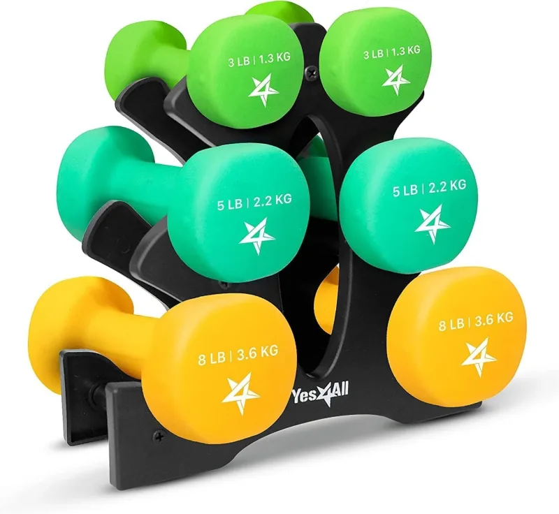 Neoprene Dumbbell Set – 3, 5 & 8 lb Pairs with Metal Rack