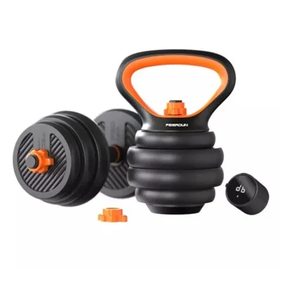 Rubberized Dumbbell & Kettlebell Set with Removable Barbell