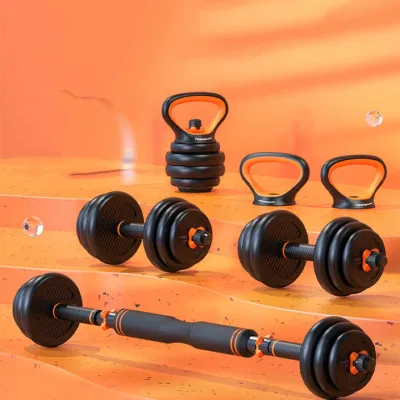 Rubberized Dumbbell & Kettlebell Set with Removable Barbell